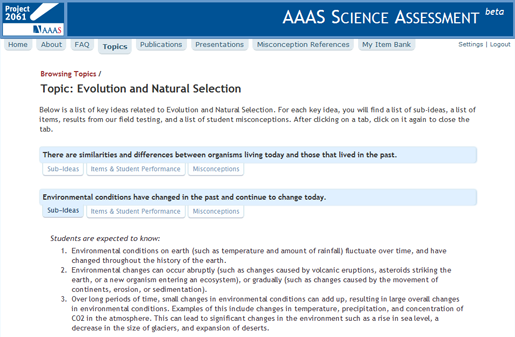 Screenshot of key ideas on the assessment website