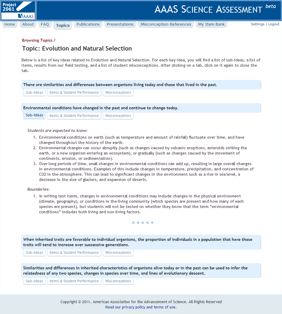 Screenshot of key ideas on the assessment website